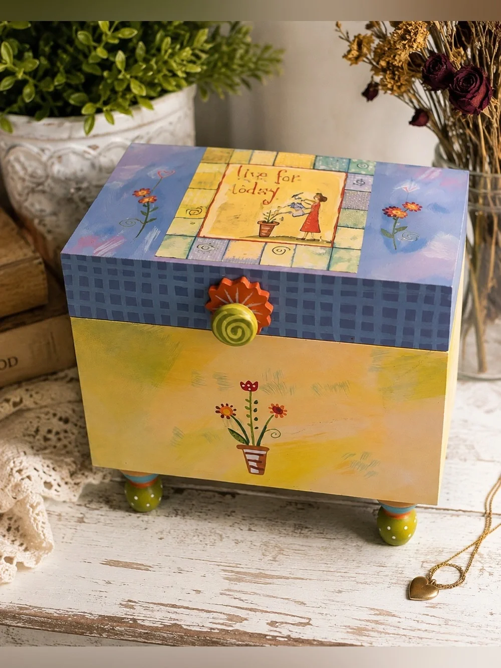 Natural Life Live For Today Hand Painted Wooden Keepsake Jewelry/Trinket Box